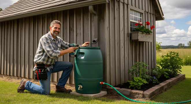 Smiling man installing a green rain barrel next to a wooden garden shed. Male homeowner using a power drill to connect a downspout for water conservation. Eco-friendly DIY home improvement