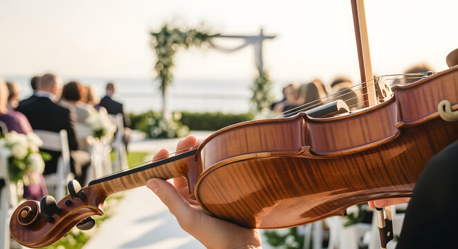 Close-up of a musician playing a wooden violin at an outdoor wedding ceremony. Live classical music performance with blurred guests and floral arch in the background