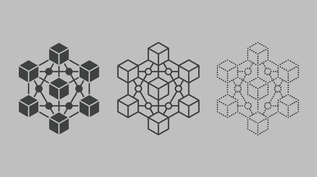 Blockchain Technology Icons and Decentralized Network Cube Structures for Cryptocurrency, Fintech and Data Architecture UI