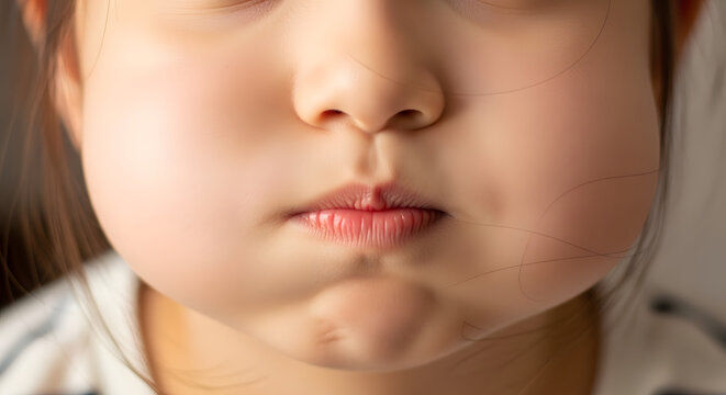Extreme close up of a childs face focusing on plump lips and chubby cheeks. Macro portrait of youthful skin