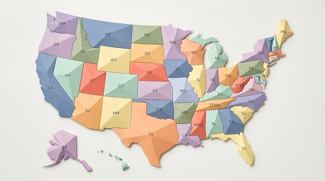 Colorful map of the united states of america with state names