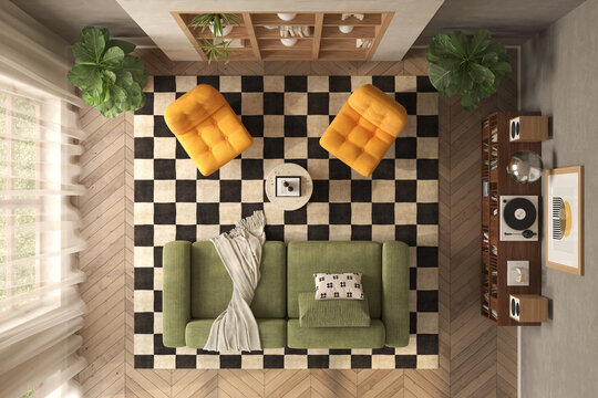Mid century style conceptual dopamine interior room top view