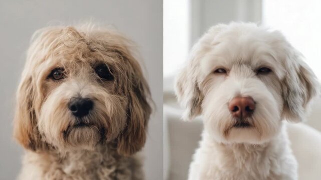 Two dogs showing different expressions in a bright room with a simple background