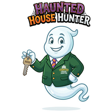 Cute cartoon ghost wearing real estate suit holding key with haunted house hunter quote for tshirt design
