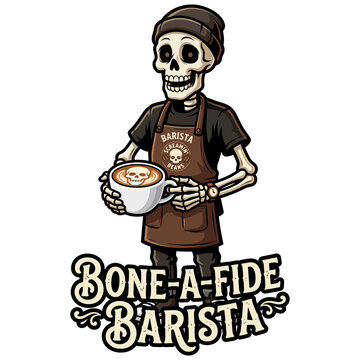 Funny skeleton wearing barista apron holding coffee cup with bone a fide barista quote for tshirt print design
