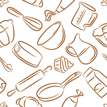 Vector seamless pattern with baking ingredients, kitchen utensil. Cooking and recipe design background for bakery