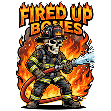 Cool cartoon skeleton wearing firefighter helmet holding water hose with fired up bones quote for tshirt print design