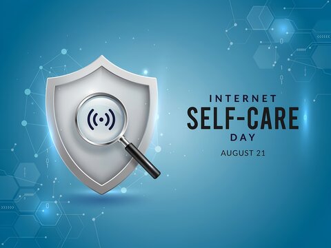 Shield with magnifying glass on Wi-Fi symbol for Internet Self-Care Day August 21