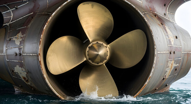 Massive brass propeller and steel hull of a large cargo ship in the water. Heavy marine engineering and maritime transportation
