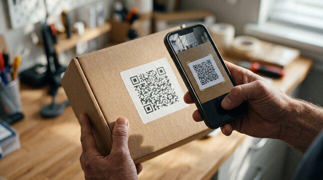 Person scanning QR code on package with smartphone for shipping or tracking information