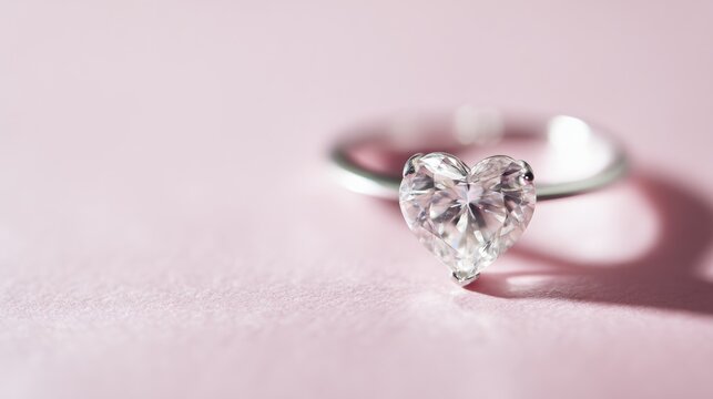 Heart shaped diamond ring on a soft pink background during daylight