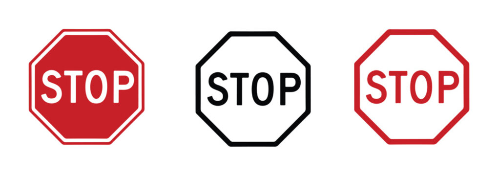 Stop Sign Variety. A collection of stop signs in different styles, including a red octagonal sign, a black and white outline sign, and a red outlined sign, conveying the universal message of halt.