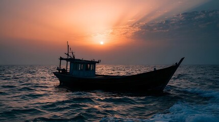 Obraz premium A wooden fishing boat sails on calm ocean waters during a vibrant sunset with golden rays piercing through clouds