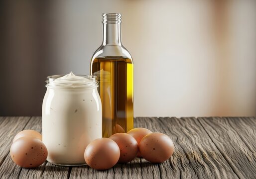 A glass jar filled with smooth white mayonnaise sits on a rustic wooden table surrounded by fresh farm eggs and a clear glass bottle of golden oil, bowl, rich, food