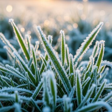 A peaceful close-up of green grass blades covered in delicate morning frost and crystalline ice during a quiet winter sunrise in nature, horticulture, grass, peaceful