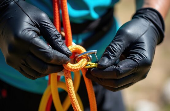 Person in black gloves ties safety knot on climbing ropes. Outdoor adventure sport preparation using ropes and carabiner. Extreme activity gear.