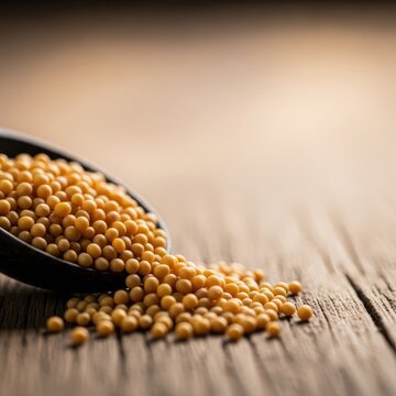 Close-up macro shot of yellow mustard seeds spilling onto a rustic wooden surface with soft natural lighting and shallow depth of field, scatter, heap, pile