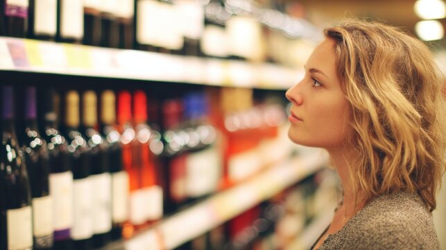 Woman looks at wine bottles in grocery store while shopping for drinks