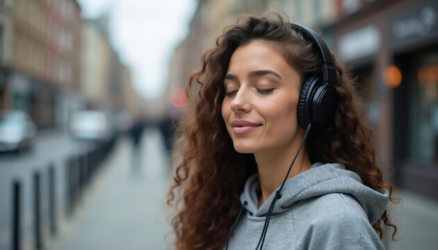 Curly hair woman wears black headphones on city street. Happy girl listens to music with eyes closed outdoor. Smiling female person walks in urban area with audio gear. Calm lady enjoys favorite