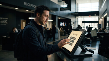 Fototapeta premium Man Interacting With Welcome Screen At Modern Reception Area