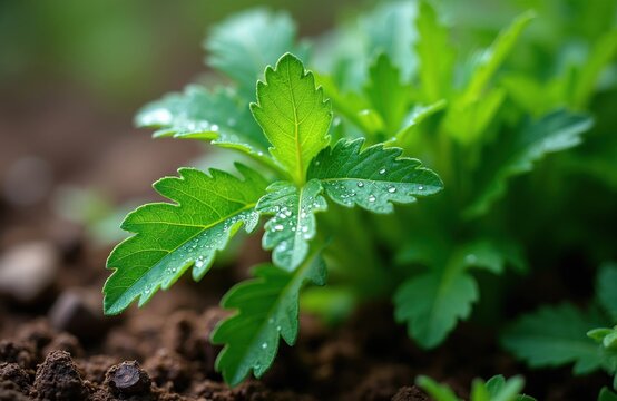 Green culantro plant grows in dark soil outdoors. Fresh sawtooth coriander leaves with water dew drops on surface in garden. Natural herbal seasoning herb sprout for culinary cooking organic medicine