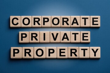 Obraz premium Corporate private property text arranged on wooden letter tiles on blue