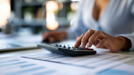 Fototapeta na wymiar Faceless accountant using a calculator and reviewing printed financial statements in a professional office, tax season accounting service, defocused office in background, tax