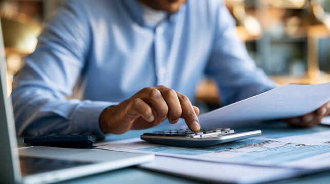 Faceless accountant reviewing tax documents and financial statements at a desk with a calculator and laptop, professional tax preparation service, defocused office desk in