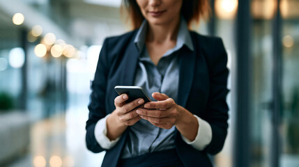 Fototapeta premium Faceless professional woman in business attire using a smartphone in a modern office corridor, quick decision-making and communication in a corporate lifestyle, defocused office