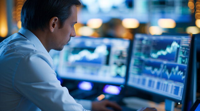 Faceless stock trader analyzing real-time market data on multiple screens in a trading room, intense investment decision-making process, defocused trading screens in background,