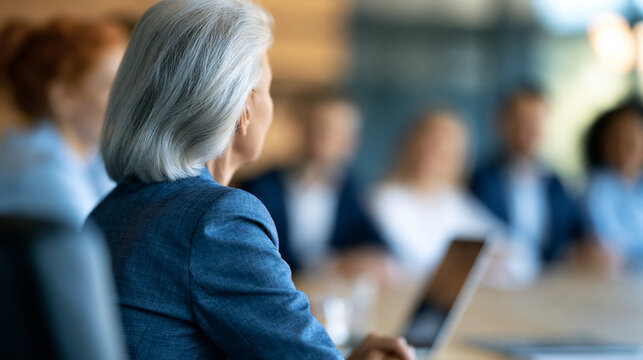 Faceless senior businesswoman chairing a boardroom meeting with a diverse executive team, leadership and strategic decision-making, defocused boardroom in background, boardroom
