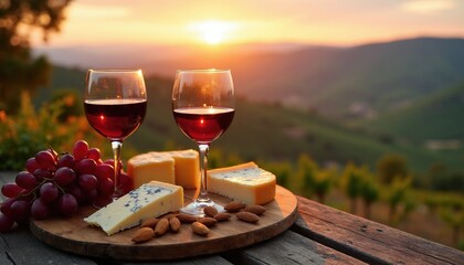 Obraz premium Two crystal glasses filled with red wine sit on wooden board with cheese, grapes. Scenic mountain valley landscape appears in background during golden sunset hour. Rustic terrace picnic setting