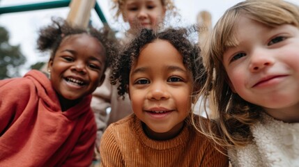 Fototapeta premium Three young children, two girls and a boy, standing close together and smiling at the camera. they appear to be outdoors, as there is a playground equipment visible in the background.