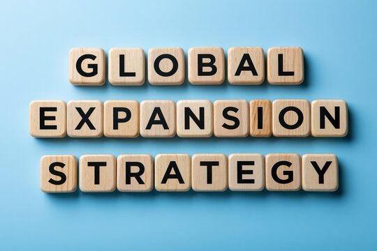 Global expansion strategy phrase written with wooden tiles on blue background