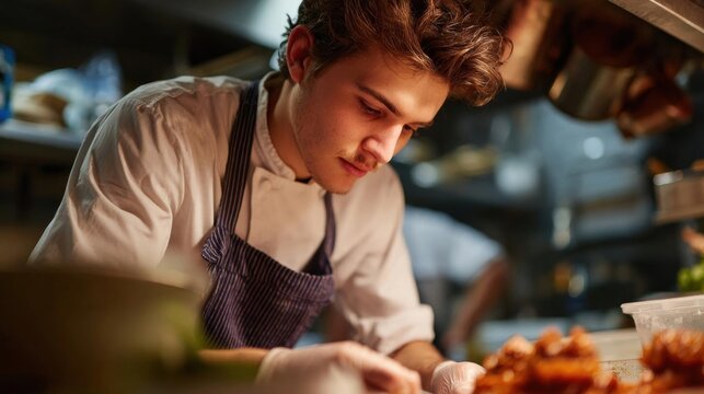 Young man in a kitchen, wearing a white chef's apron and gloves. he is standing in front of a countertop with various kitchen utensils and ingredients on it.