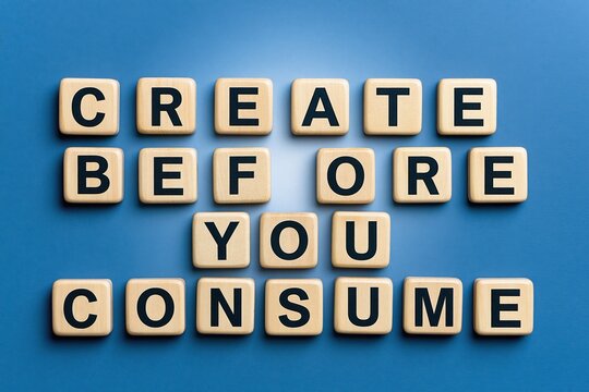 Create before you consume phrase written with wooden tiles on blue background