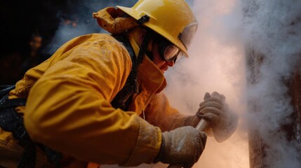 Fototapeta premium Firefighter in full gear, wearing a yellow hard hat and a yellow jacket. he is holding a hammer and appears to be working on a fire, as there is smoke and flames visible in the background.