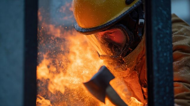 Firefighter wearing a yellow helmet and protective gear. he is holding an axe in his right hand and appears to be in the process of throwing it at a large fire.