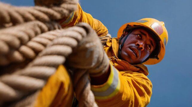 Close-up of a firefighter's face and upper body. he is wearing a yellow hard hat and a yellow jacket with reflective stripes.