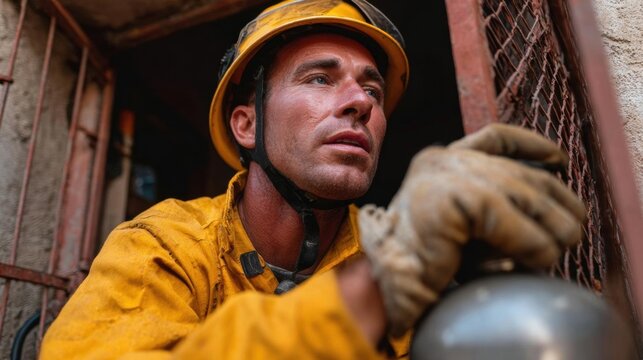 Man wearing a yellow hard hat and a yellow jacket. he is holding a metal bell in his right hand and appears to be working on a construction site.