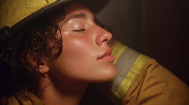 Close-up portrait of a young woman's face. she is wearing a yellow firefighter's uniform with a yellow helmet on her head.