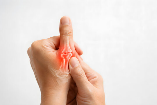 Photorealistic close-up of a painful thumb with transparent anatomical bone overlay highlighting inflammation of the metacarpophalangeal joint on a clean white medical background with copy space.
