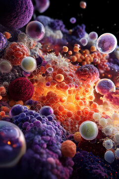Microscopic cells forming organic abstract bioluminescent landscape