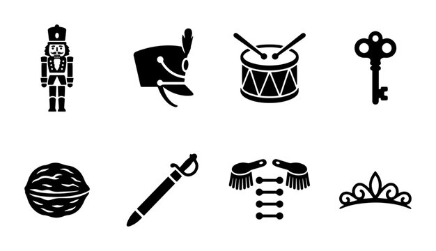 Nutcracker Soldier Icons, Military Hat, Drum, Key, Walnut, Sword, Epaulets, Tiara Vector Set