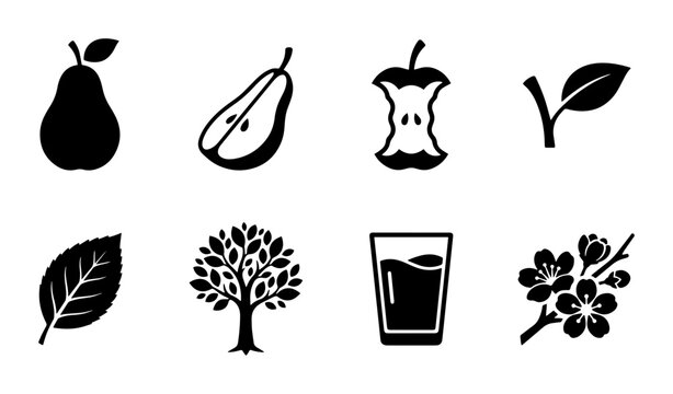 Fruit Icons Set: Pear, Apple Core, Leaf, Tree, Drink, Blossom Branch, Vector Graphics for Healthy Eating and Nature Themes