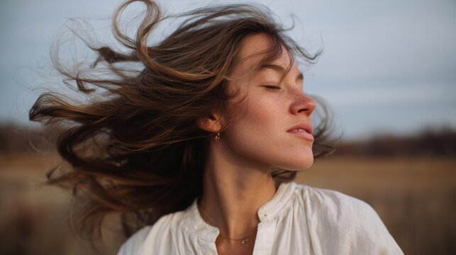 Close-up portrait of a young woman with her hair blowing in the wind. she is wearing a white blouse and has a peaceful expression on her face.