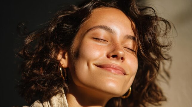 Close-up portrait of a young woman with her eyes closed and a peaceful expression on her face. she has shoulder-length curly hair that is styled in loose curls and is wearing gold hoop earrings.