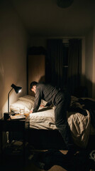 Fototapeta premium Man Searching Through Messy Bedroom In Dim Light Of A Desk Lamp