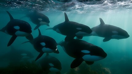 Obraz premium A group of orcas swims together underwater in clear blue green water with sunlight filtering from above