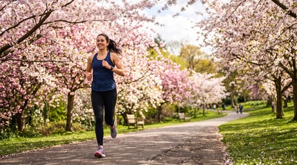 Fototapeta premium Woman jogging through a park lined with blooming cherry blossom trees in full bloom during spring